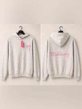 Edikted Gray Hoodie with Pink Script Logo & Bow Detail